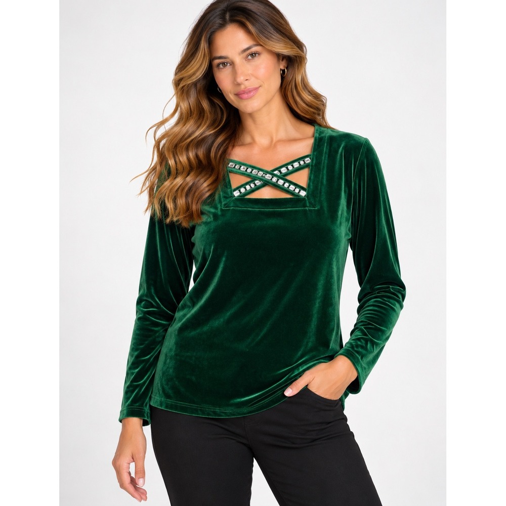 Bob Mackie Wearable Art Green Velvet Rhinestone Neck Top XL Emerald Velour